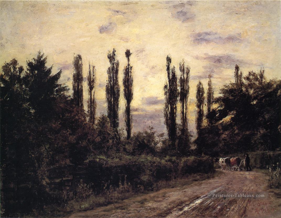 Poplars du soir et chaussée près de Schleissheim Théodore Clement Steele Peintures à l'huile